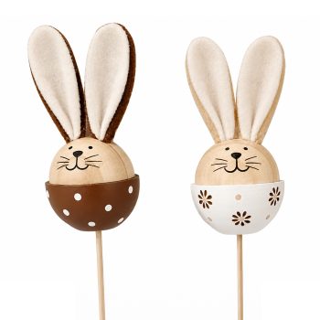 BUNNY PICK 13.5" WOODEN W/FABRIC EARS NATURAL BROWN, WHITE 2 ASST.
