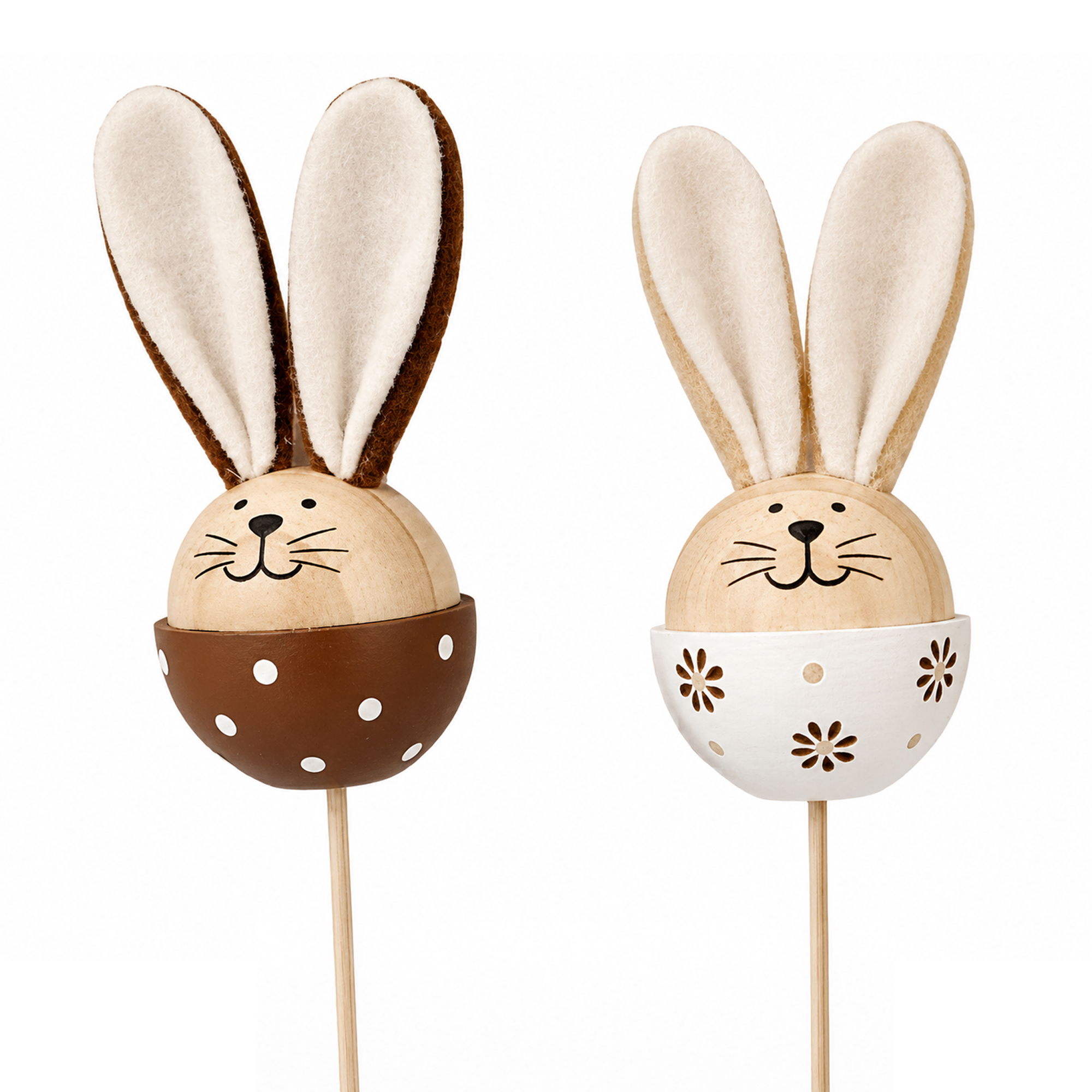 BUNNY PICK 13.5" WOODEN W/FABRIC EARS NATURAL BROWN, WHITE 2 ASST.