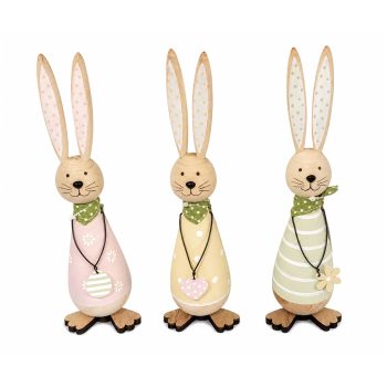 RABBIT STANDING WOOD 9"H PASTEL PINK, YELLOW. GREEN DOT/STRIPE DETAIL 3 ASST.