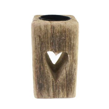 WOOD TEALITE HOLDER W/HEART 4.25"H NATURAL FIN.