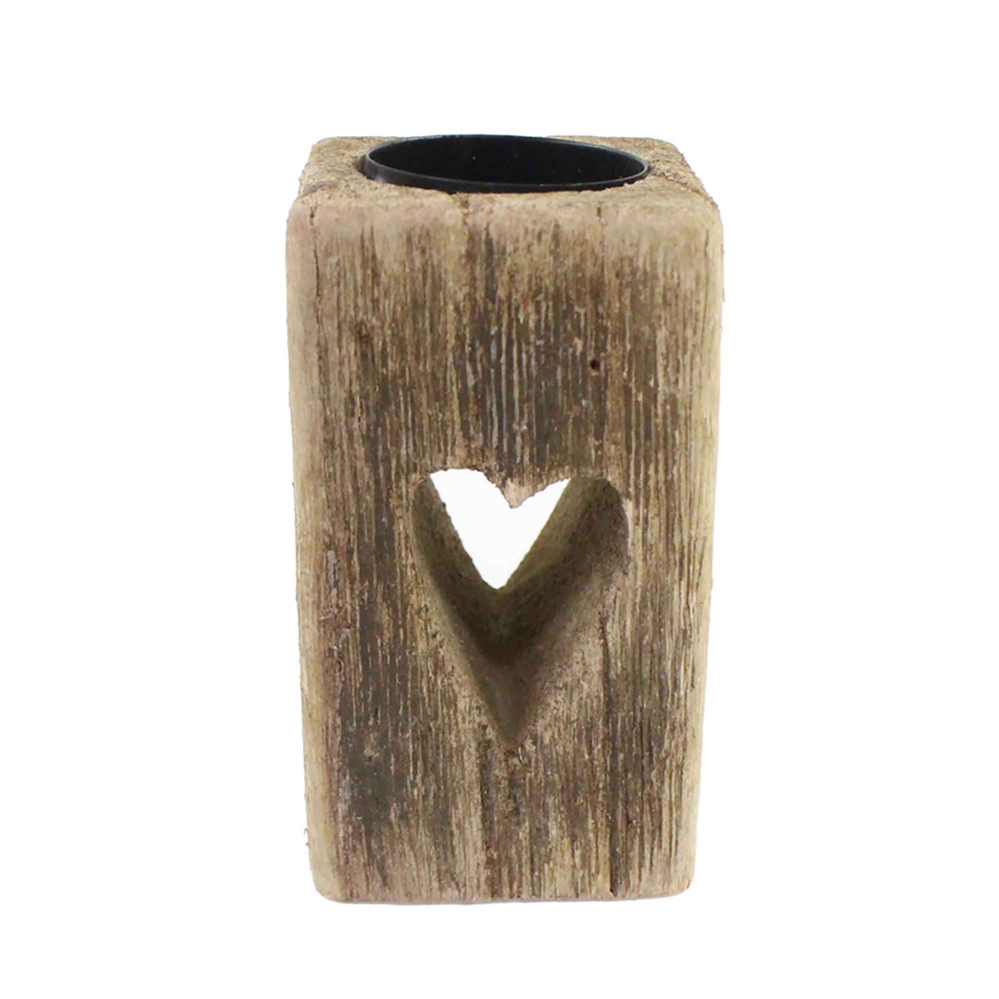 WOOD TEALITE HOLDER W/HEART 4.25"H NATURAL FIN.