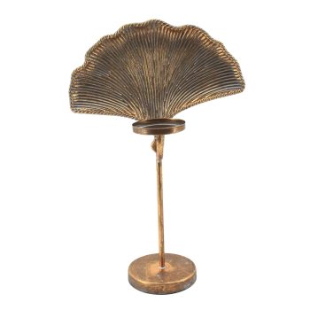 PILLAR CANDLE HOLDER METAL 20.5" W/FAN LEAF ANTIQUE GOLD