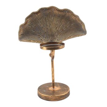 PILLAR CANDLE HOLDER METAL 13" W/FAN LEAF ANTIQUE GOLD