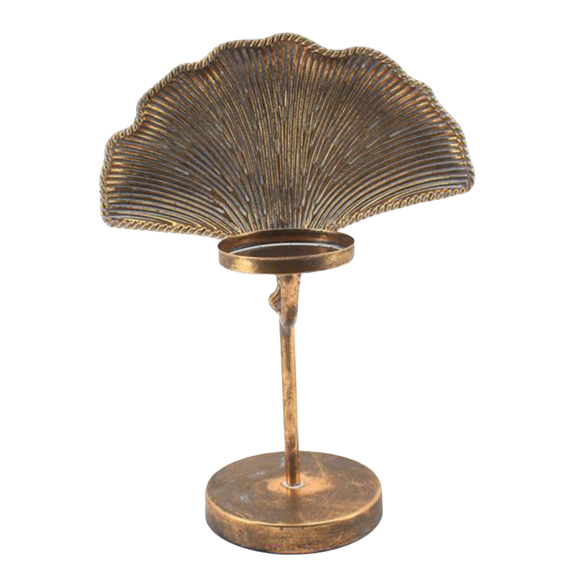 PILLAR CANDLE HOLDER METAL 13" W/FAN LEAF ANTIQUE GOLD