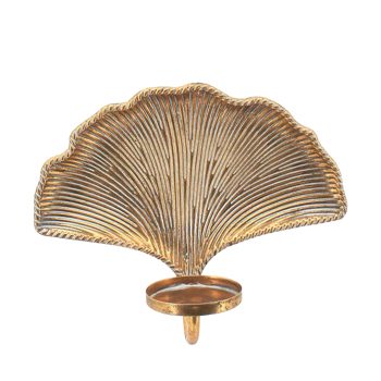 PILLAR CANDLE HOLDER METAL 14" W/FAN LEAF WALL MOUNT ANTIQUE GOLD