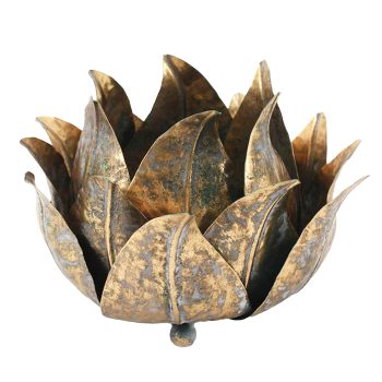 PILLAR CANDLE HOLDER METAL 9.5" LOTUS LEAF ANTIQUE GREEN/GOLD