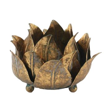 PILLAR CANDLE HOLDER METAL 6" LOTUS LEAF ANTIQUE GREEN/GOLD