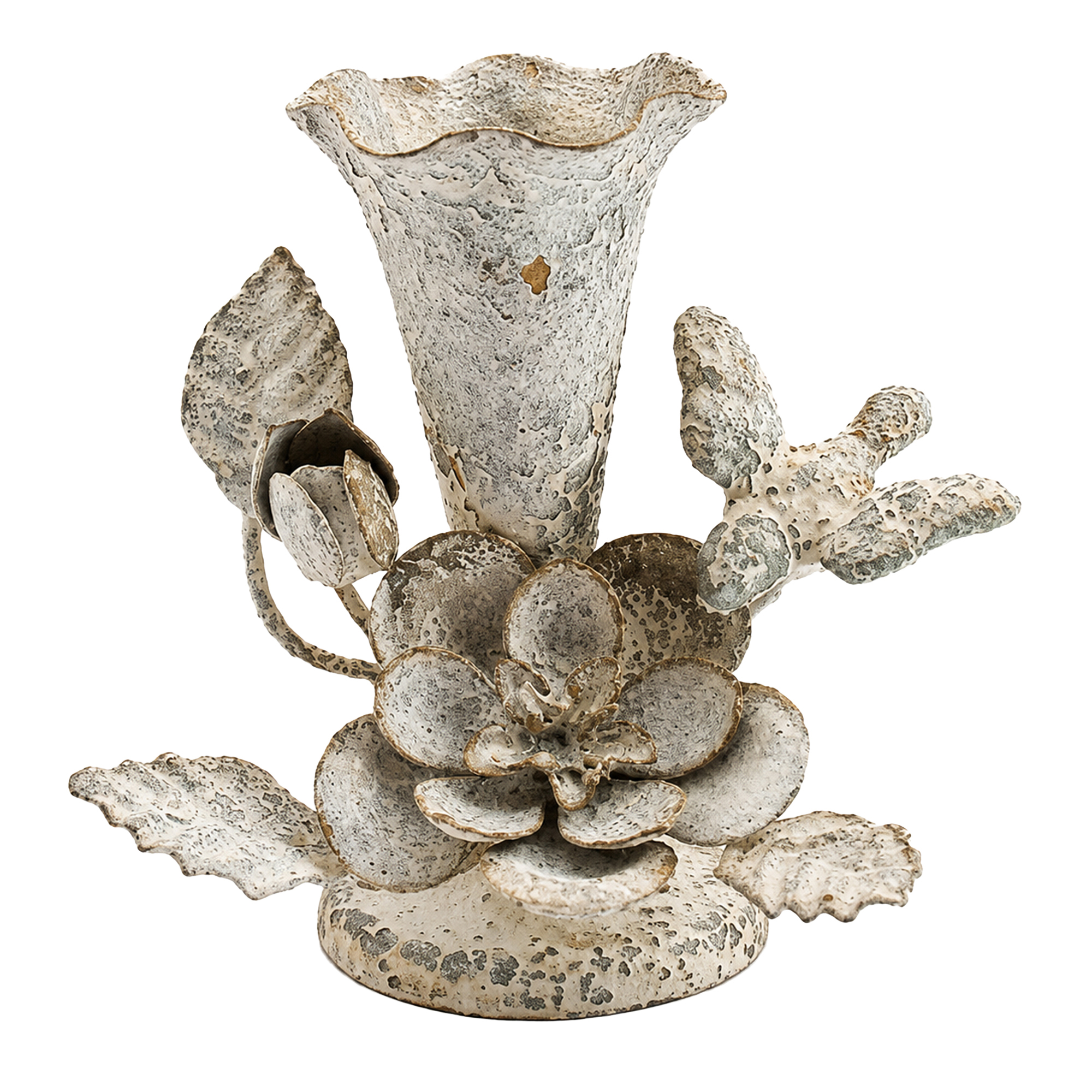 TAPER CANDLE HOLDER METAL 6.75" W/FLOWER/BIRD ANTIQUE FINISH