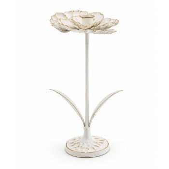 TAPER CANDLE HOLDER METAL 13.5"H W/FLOWER WHITE/GOLD
