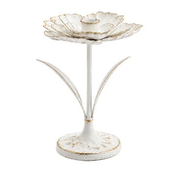 TAPER CANDLE HOLDER METAL 9"H W/FLOWER WHITE/GOLD