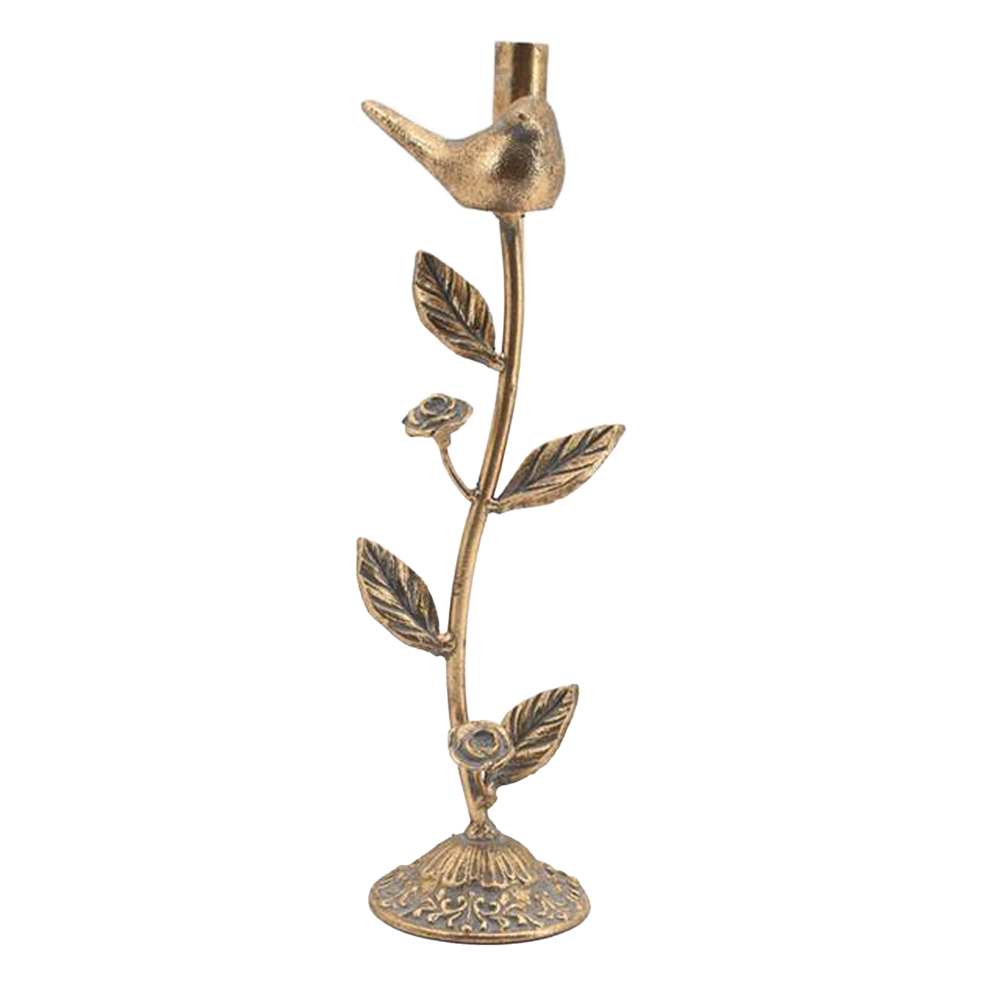 TAPER CANDLE HOLDER METAL 14" W/BIRD ANTIQUE GOLD FINISH