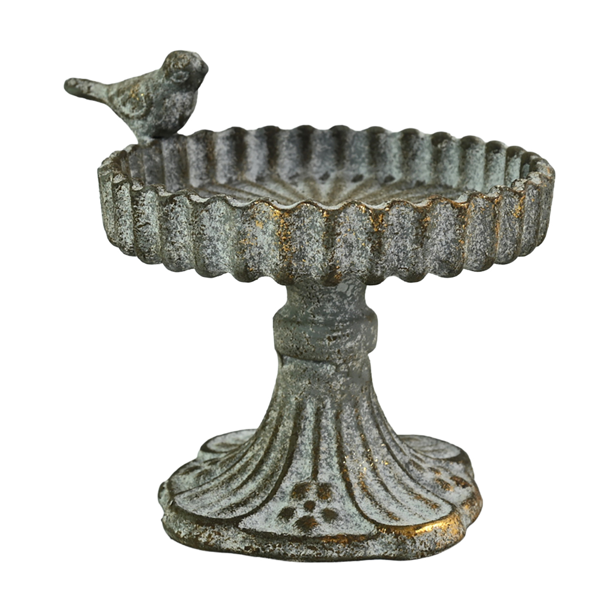 PILLAR CANDLE HOLDER IRON 4.75"H W/BIRD VINTAGE FIN.