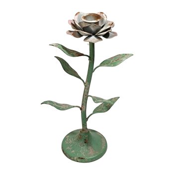 TAPER CANDLE HOLDER METAL FLOWER 10" DISTRESSED OLIVE GREEN & ANTIQUE WHITE/PINK