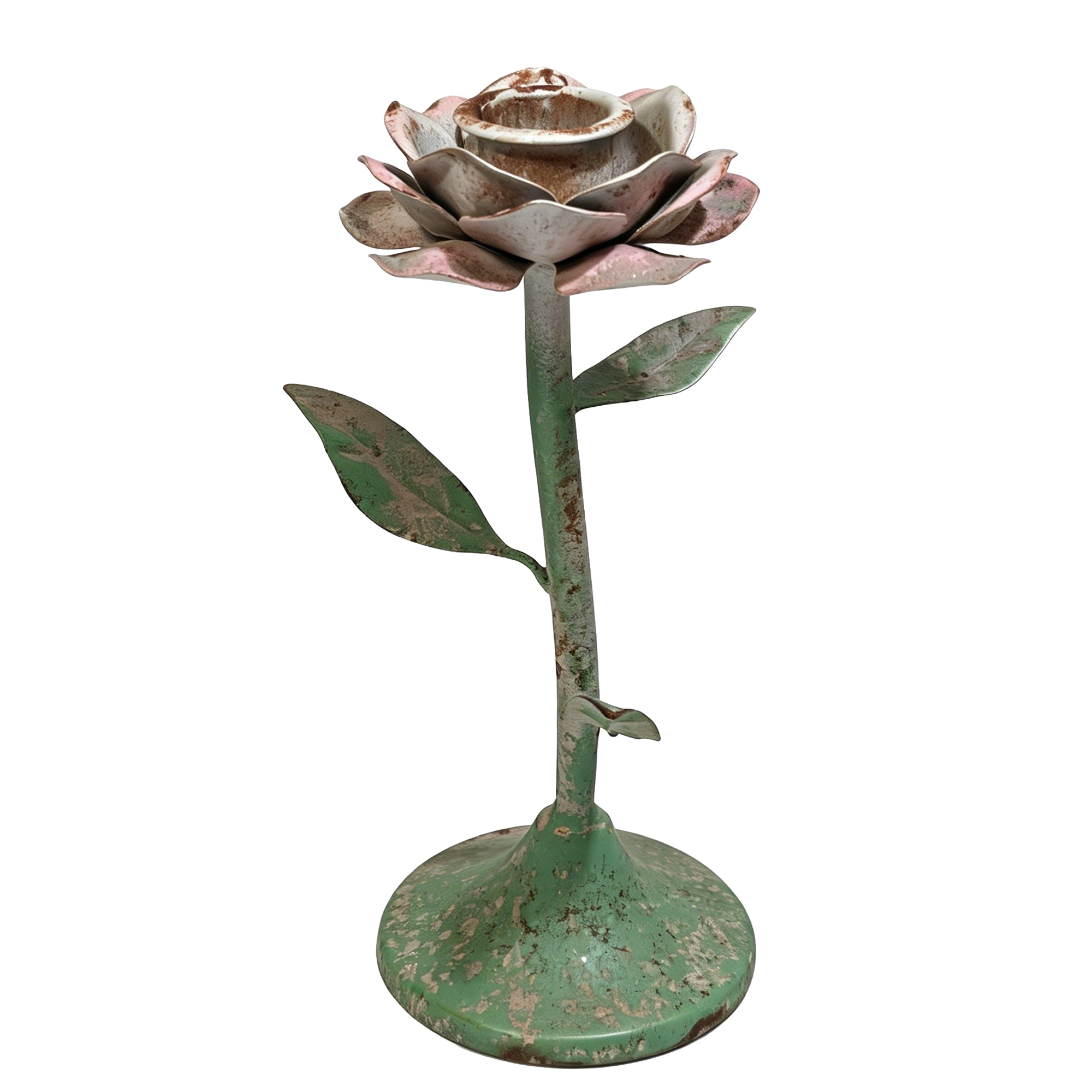 TAPER FLOWER CANDLE HOLDER METAL 7" DISTRESSED OLIVE GREEN & ANTIQUE WHITE/PINK