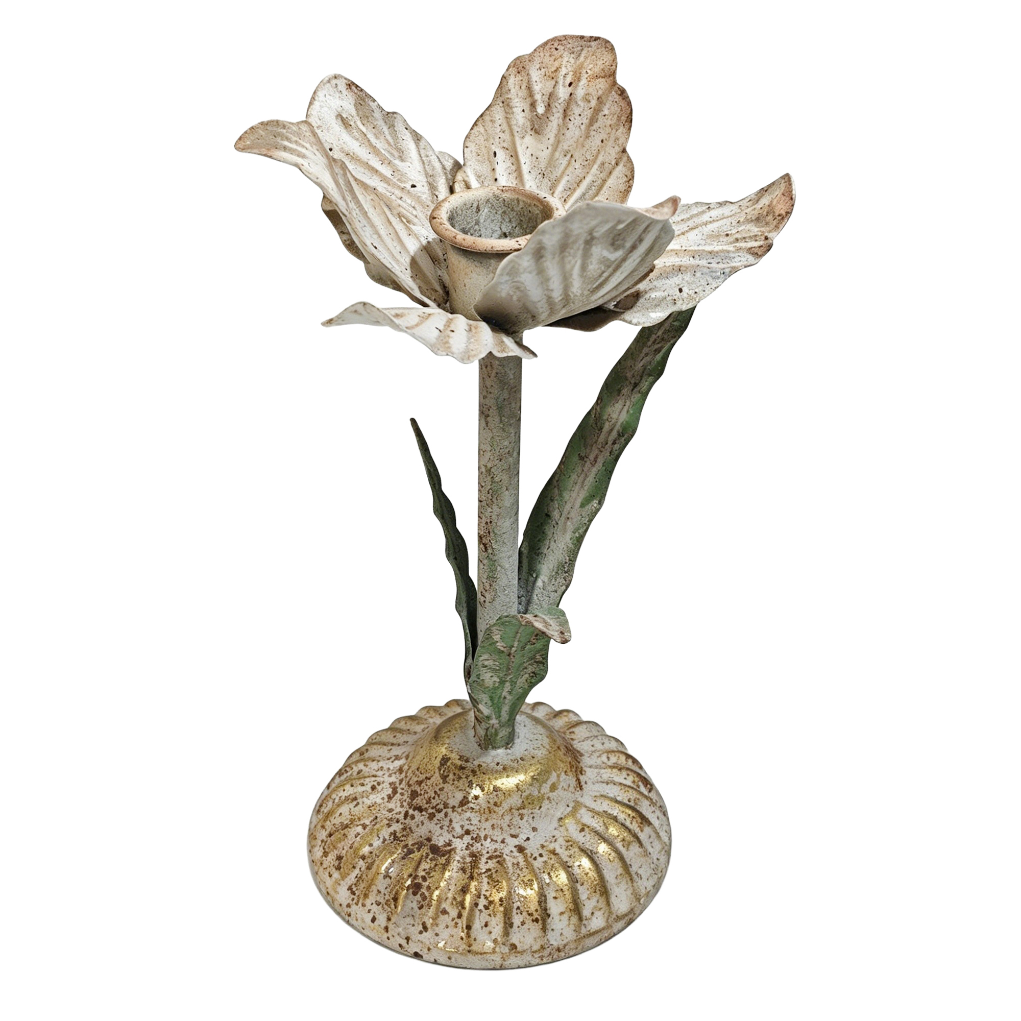 TAPER CANDLE HOLDER METAL 8.5" ANTIQUE WHITE & GOLD BASE W/GREEN LEAF ACCENTS