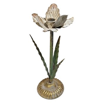 METAL CANDLE HOLDER 11.5" ANTIQUED WHITE & GOLD BASE W/GREEN STEM/LEAVES