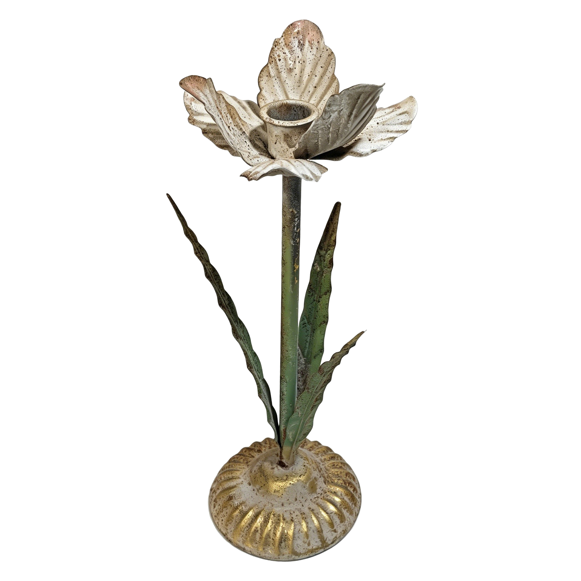 METAL CANDLE HOLDER 11.5" ANTIQUED WHITE & GOLD BASE W/GREEN STEM/LEAVES