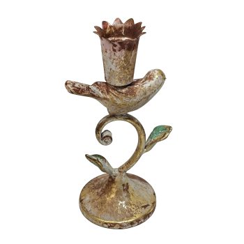 TAPER BIRD CANDLE HOLDER METAL 7.25" DISTRESSED GOLD & COPPER-RUST PATINA W/GREEN LEAF