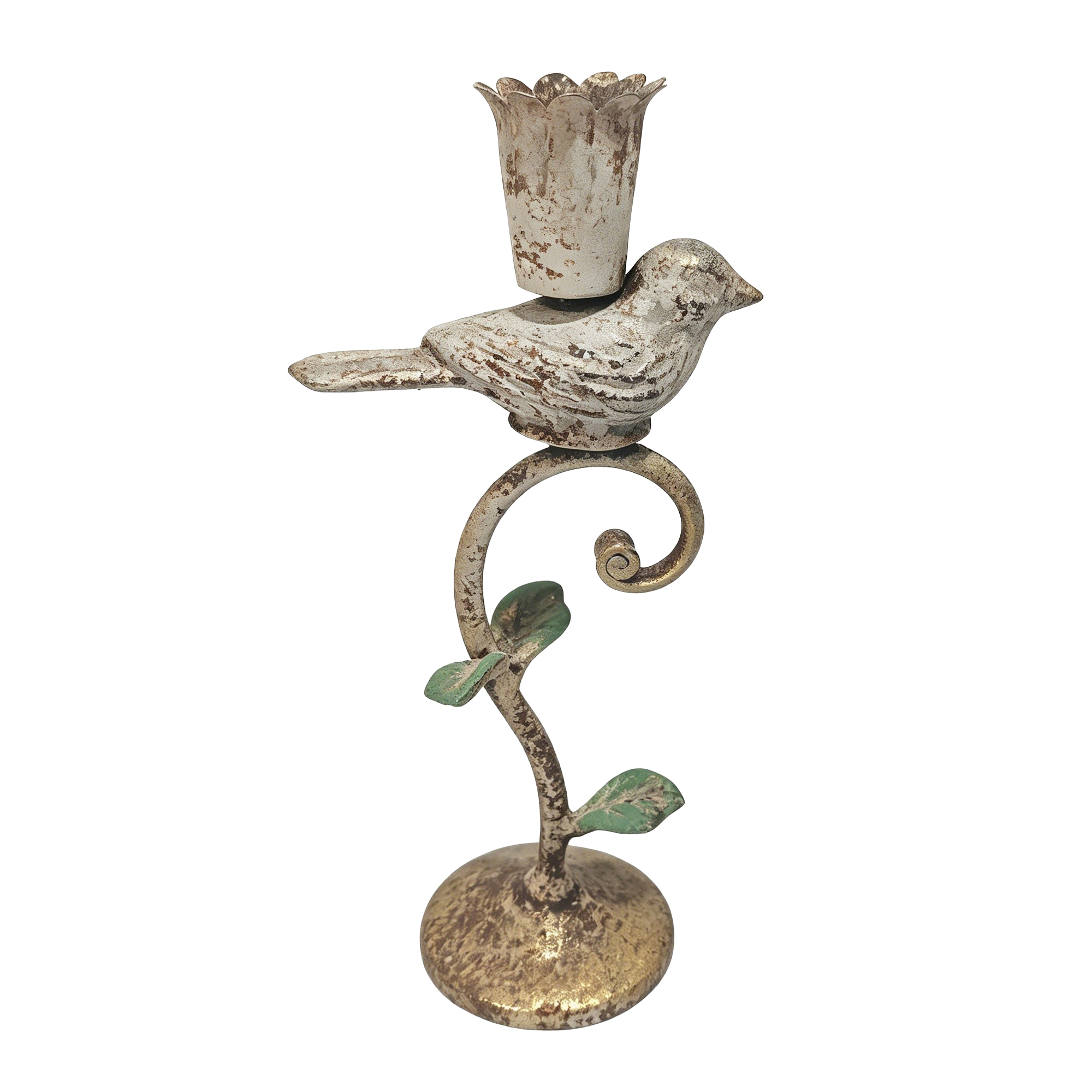 TAPER BIRD CANDLE HOLDER METAL 10" DISTRESSED CHALKY WHITE & ANTIQUE GOLD PATINA