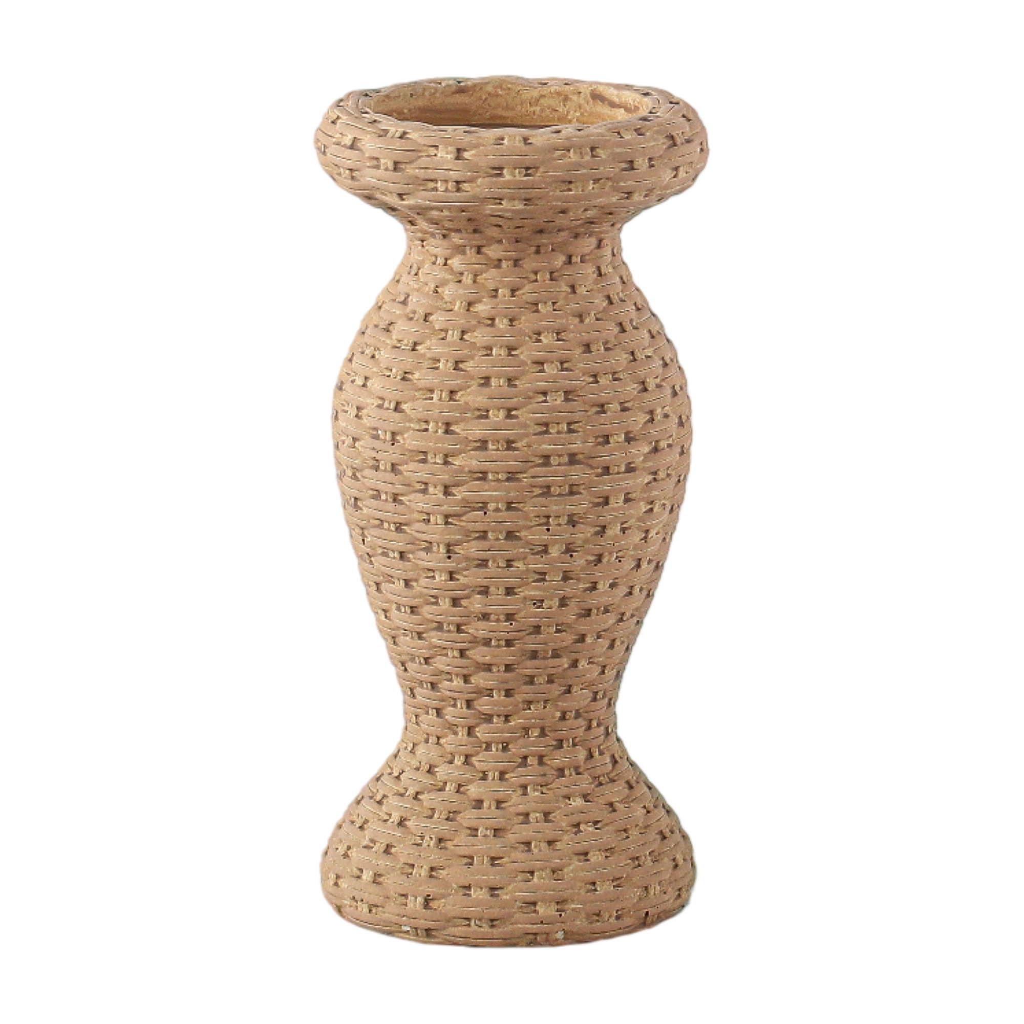 TAPER CANDLE HOLDER CEMENT 9"H BEIGE WOVEN RATTAN LOOK