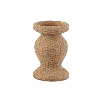 TAPER CANDLE HOLDER CEMENT 6"H BEIGE WOVEN RATTAN LOOK
