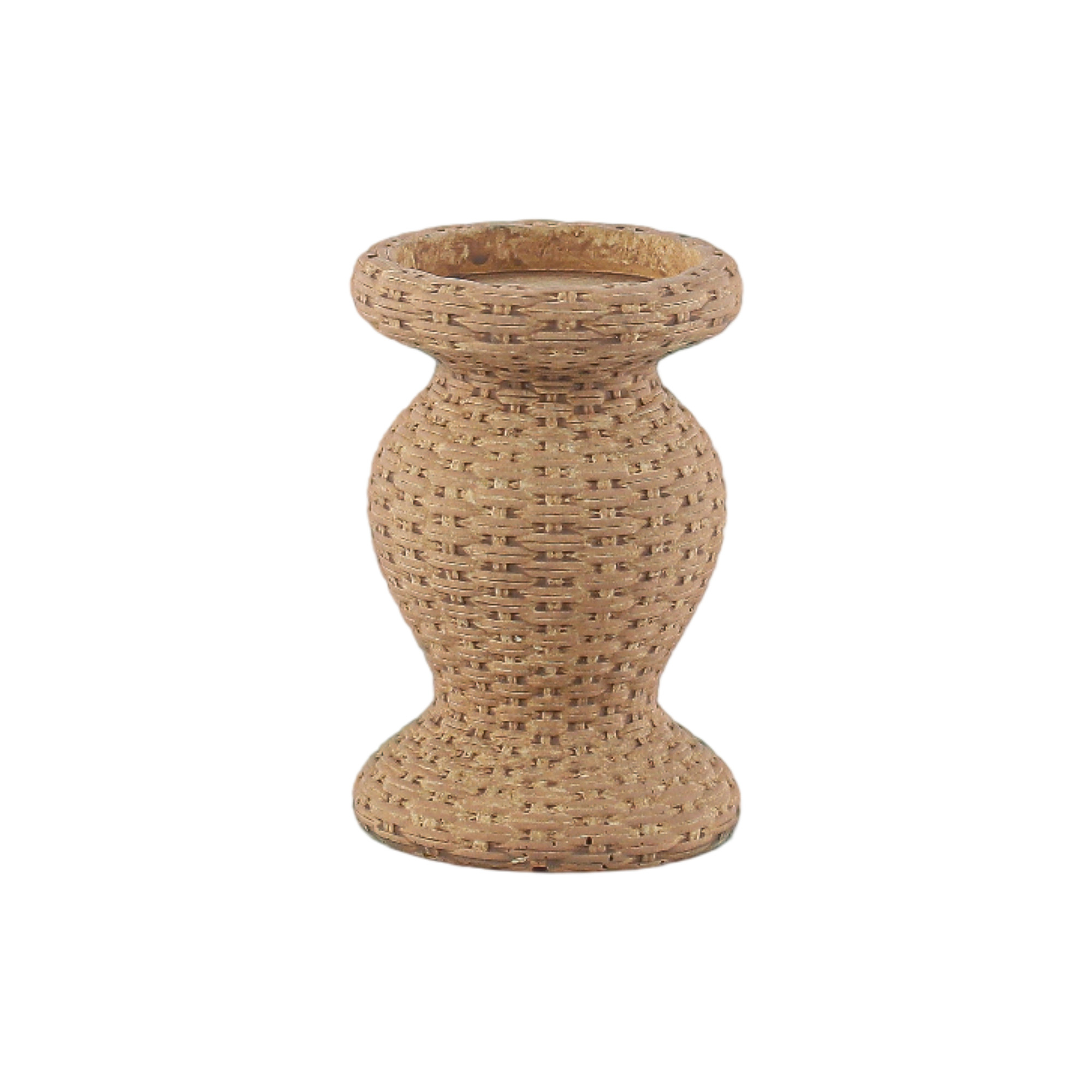 TAPER CANDLE HOLDER CEMENT 6"H BEIGE WOVEN RATTAN LOOK