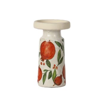 PILLAR CANDLE HOLDER CEMENT 7"H CRIMSON POMEGRANATE/GREEN FOILAGE CREAM BASE