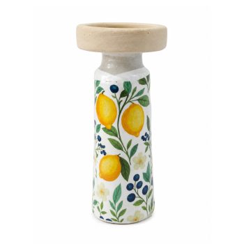 PILLAR CANDLE HOLDER CEMENT 9"H YELLOW LEMON /BLUEBERRY DESIGN ON CREAM VASE