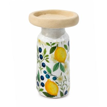 PILLAR CANDLE HOLDER CEMENT 7"H YELLOW LEMON /BLUEBERRY DESIGN ON CREAM VASE