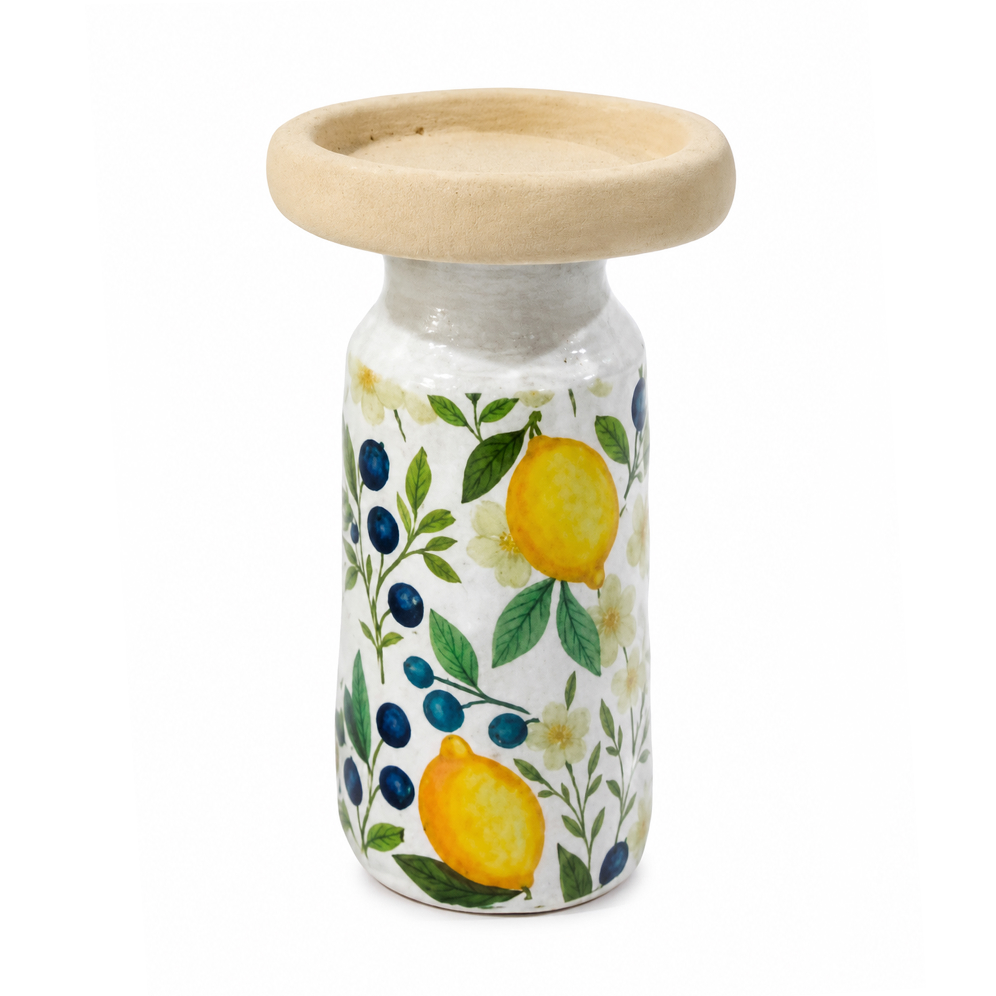 PILLAR CANDLE HOLDER CEMENT 7"H YELLOW LEMON /BLUEBERRY DESIGN ON CREAM VASE