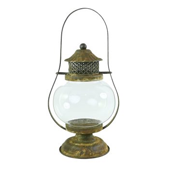 LANTERN VINTAGE W/GLASS IRON 11.5" BROWN RUST FINISH