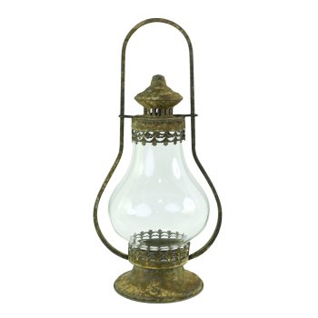 LANTERN VINTAGE W/GLASS IRON 16"H BROWN RUST FINISH