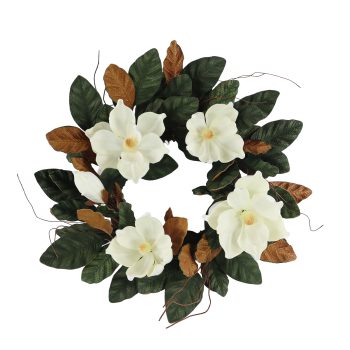 WREATH MAGNOLIA 20" WHITE BLOSSOMS & BUDS W/TWO-TONE GREEN & BROWN SUEDE LEAVES