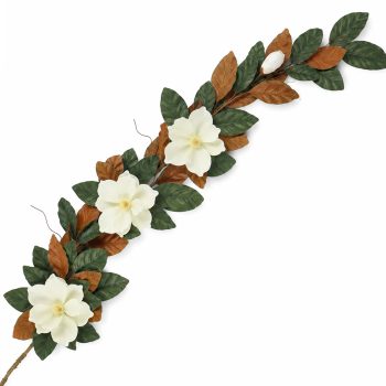 GARLAND MAGNOLIA 5' WHITE BLOSSOMS & BUDS W/TWO-TONE GREEN & BROWN SUEDE LEAVES