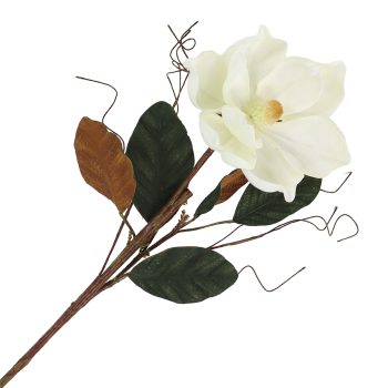 FLORAL SPRAY 1X24" WHITE MAGNOLIA W/TWO-TONE GREEN & BROWN SUEDE LEAVES