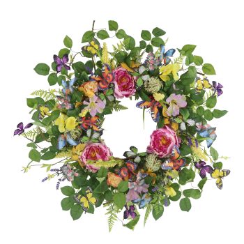 WREATH PEONY, ALSTROEMERIA 26" PINK/MULTI W/ASST. BUTTERFLIES, RANUNCULUS & FERN FRONDS