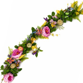 GARLAND 5' MULTI COLOR PINK PEONY, ALSTROEMERIA W/ASST. BUTTERFLIES, RANUNCULUS & FERN FRONDS