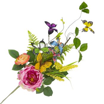 SPRAY PINK PEONY, ALSTROEMERIA W/ASST. BUTTERFLIES, RANUNCULUS & FERN FRONDS 24" MULTICOLOR