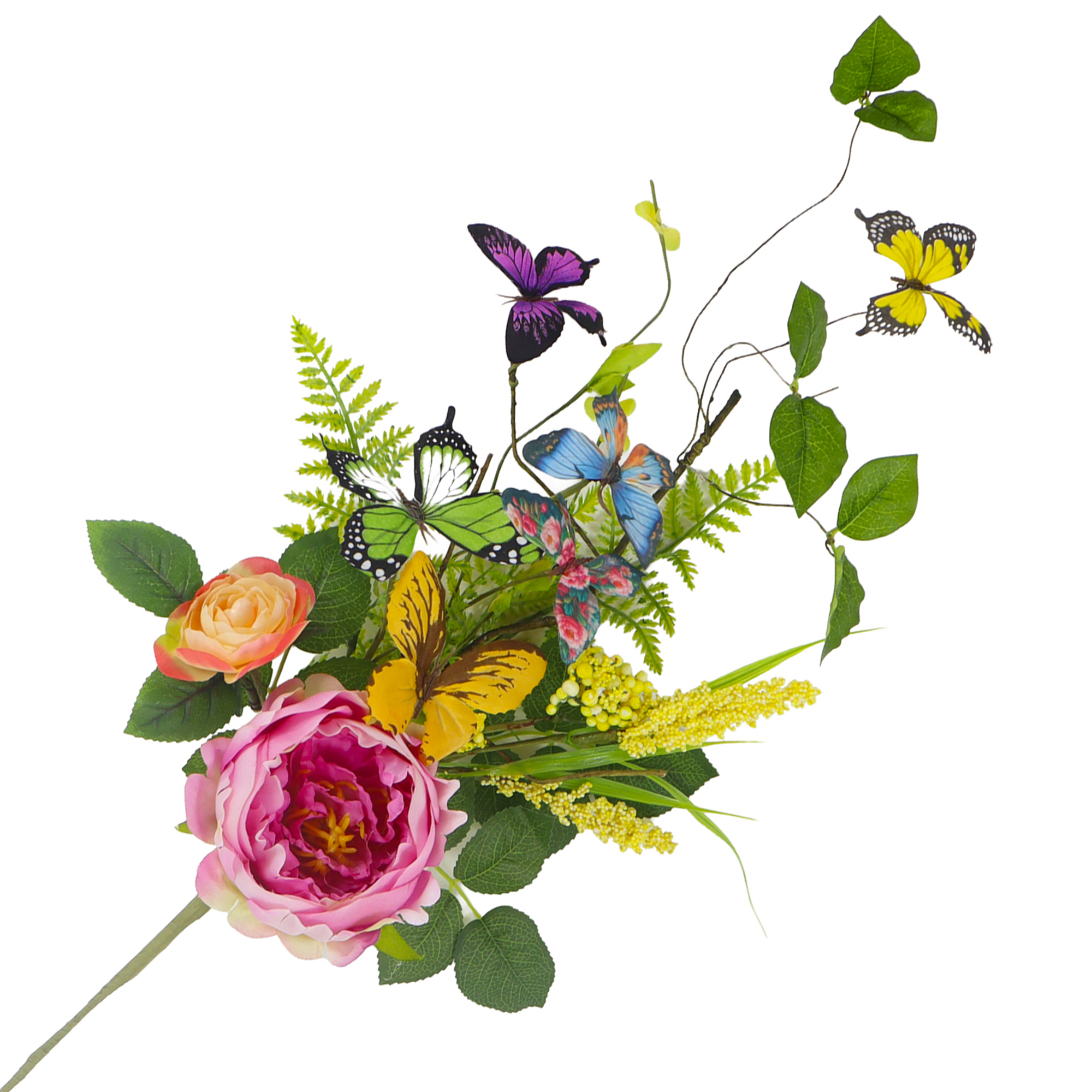 SPRAY PINK PEONY, ALSTROEMERIA W/ASST. BUTTERFLIES, RANUNCULUS & FERN FRONDS 24" MULTICOLOR