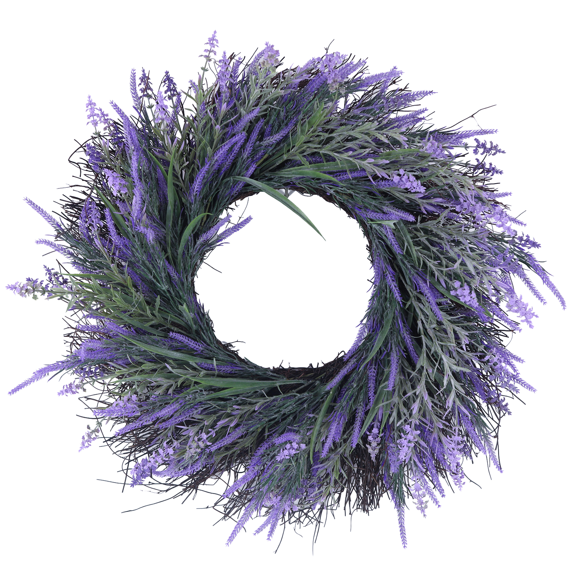 WREATH LAVENDER 24" PURPLE/GREEN W/ROSEMARY-STYLE FOLIAGE & TWIG BASE