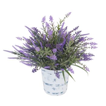 POTTED LAVENDER ARRANGEMENT IN DISTRESSED WHITE WOODEN BUCKET POT 18" PURPLE/GREEN
