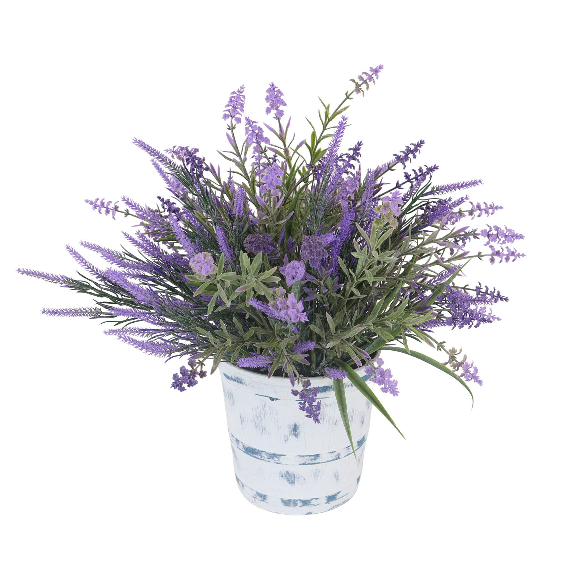 POTTED LAVENDER ARRANGEMENT IN DISTRESSED WHITE WOODEN BUCKET POT 18" PURPLE/GREEN