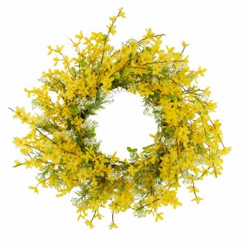 WREATH FORSYTHIA 26" YELLOW W/WHITE BABY'S BREATH SPRIGS, GREEN LEAFLETS & TRAILING TWIGS
