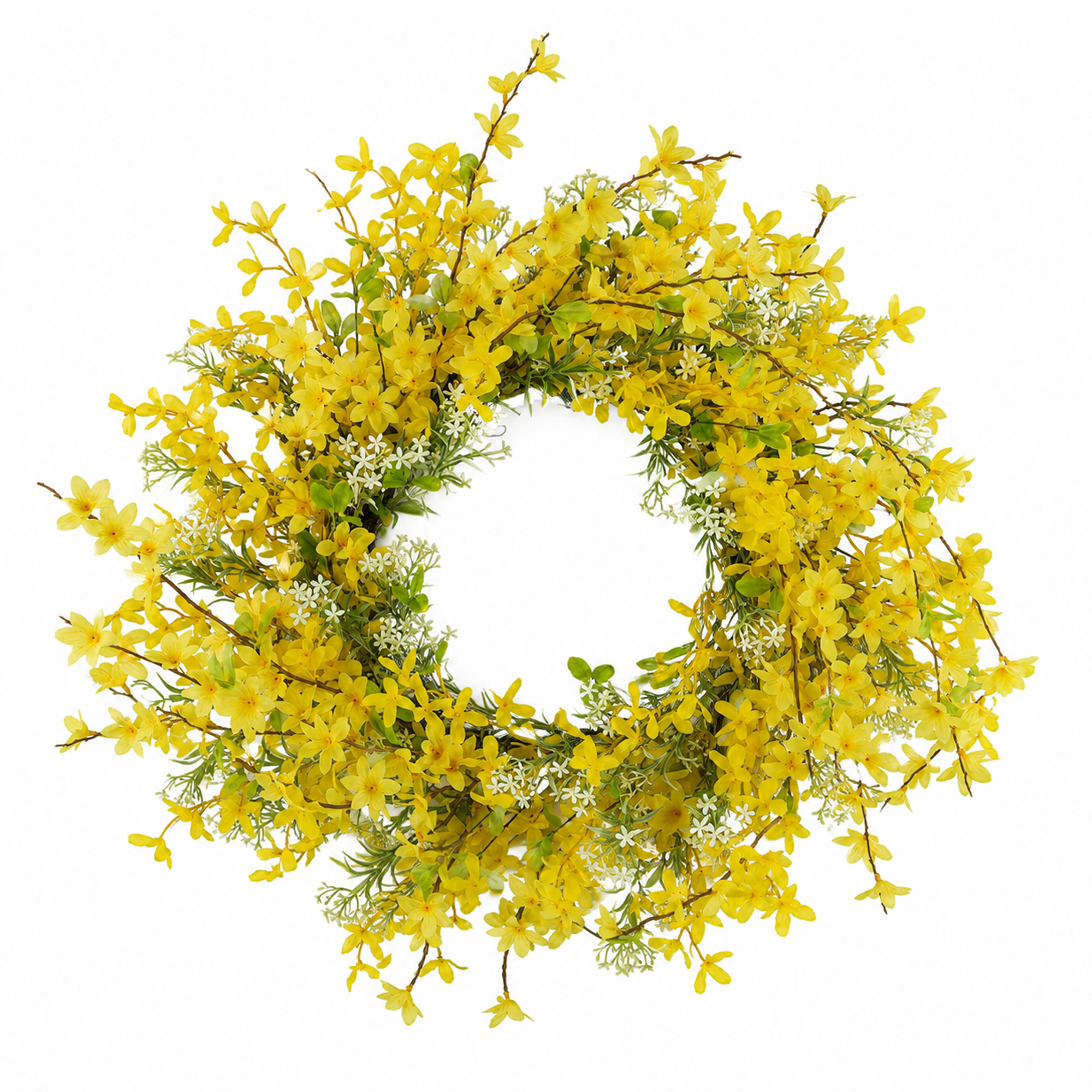 WREATH FORSYTHIA 26" YELLOW W/WHITE BABY'S BREATH SPRIGS, GREEN LEAFLETS & TRAILING TWIGS