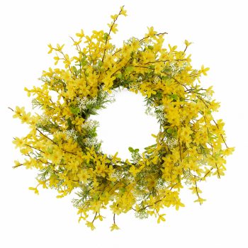 WREATH FORSYTHIA 20" YELLOW W/WHITE BABY'S BREATH SPRIGS, GREEN LEAFLETS & TRAILING TWIGS