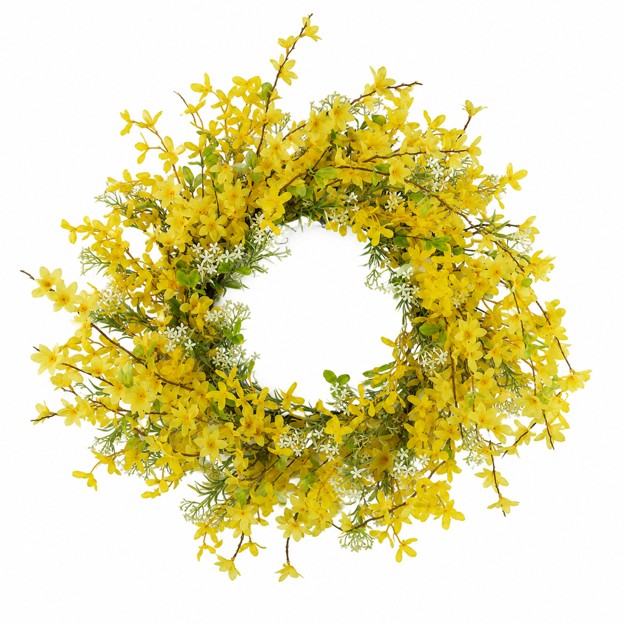 WREATH FORSYTHIA 20" YELLOW W/WHITE BABY'S BREATH SPRIGS, GREEN LEAFLETS & TRAILING TWIGS
