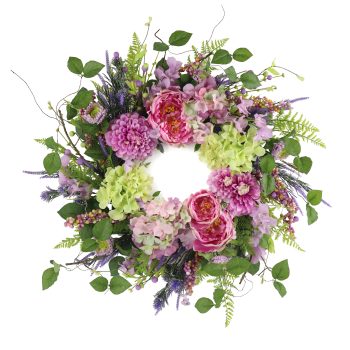 WREATH HYDRANGEA, PEONY, DAHLIA 26' PINK/GREEN W/LAVENDER SPIKES, FERN FRONDS & BERRY CLUSTERS