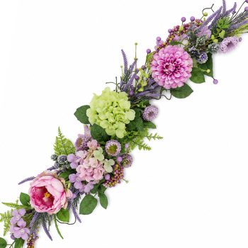 GARLAND HYDRANGEA 5' PINK/GREEN PEONY, DAHLIA W/LAVENDER SPIKES, FERN FRONDS & BERRY CLUSTERS