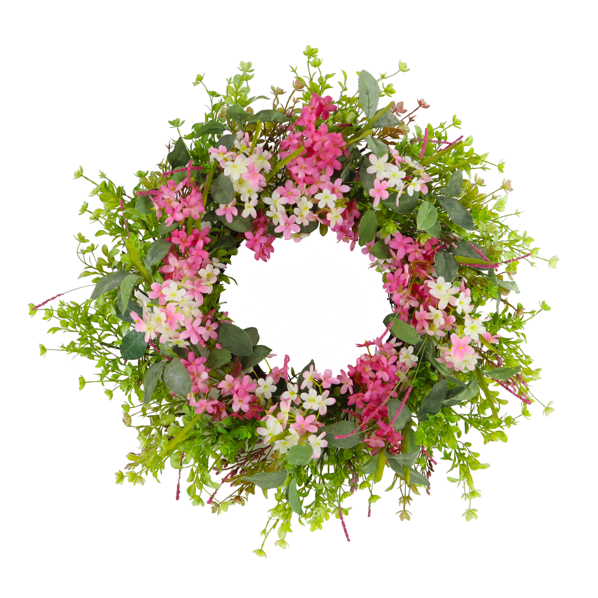 WREATH PHLOX, BABY'S BREATH 24" PINK/WHITE W/BOXWOOD GREENERY & DARK OVATE LEAVES