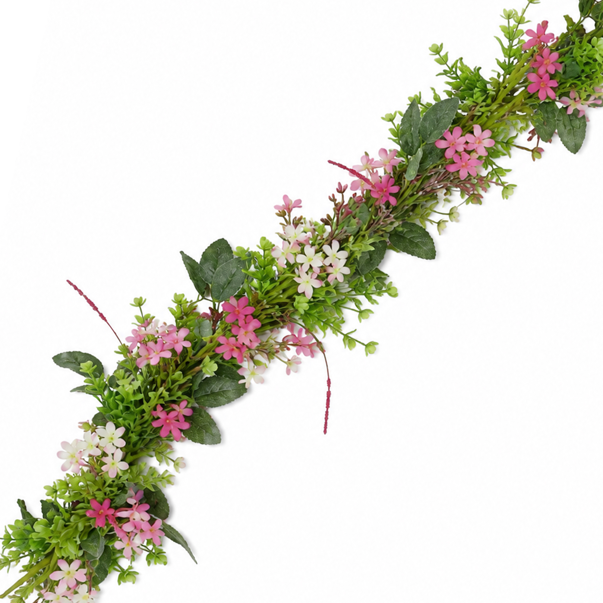 GARLAND PHLOX 5' PINK/WHITE BABY'S BREATH W/BOXWOOD GREENERY & DARK OVATE LEAVES